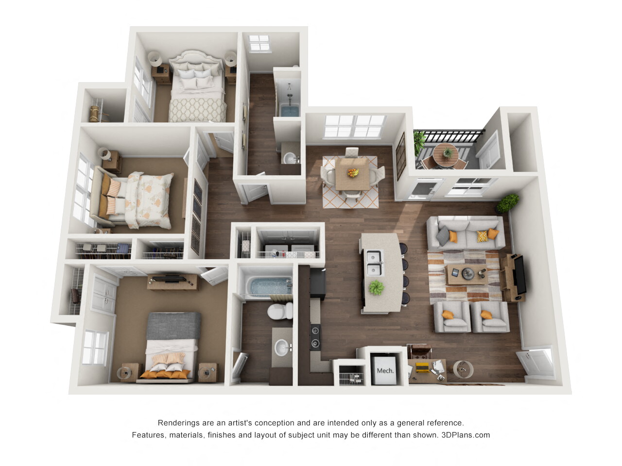 Floor plan for 3 beds, 2 baths, 1206 sqft